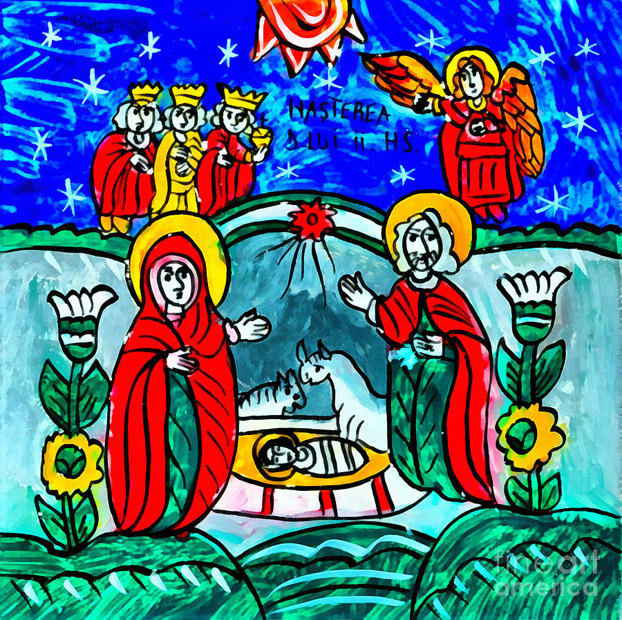 Christmas Icon Religious Naive Folk Art Nativity Mixed Media by Daliana Pacuraru