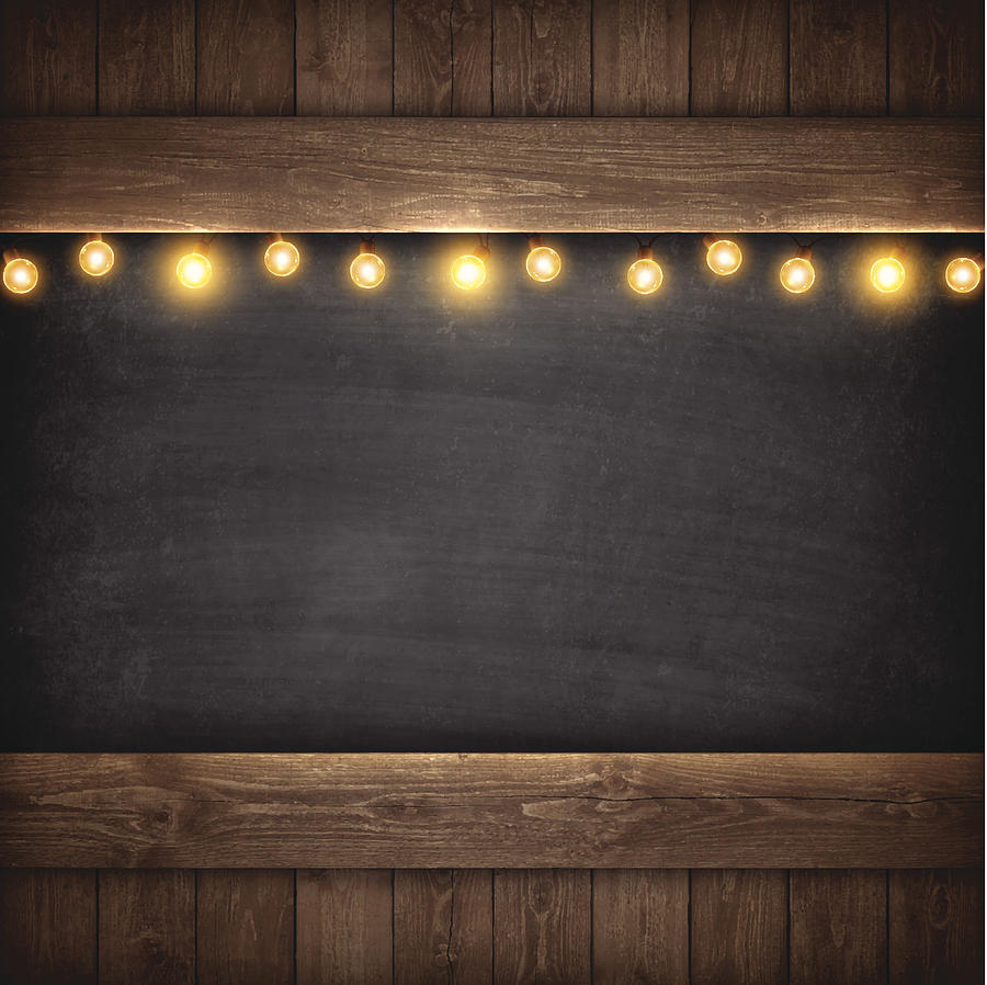 Christmas Lights on Wooden Boards and Chalkboard Drawing by Bgblue