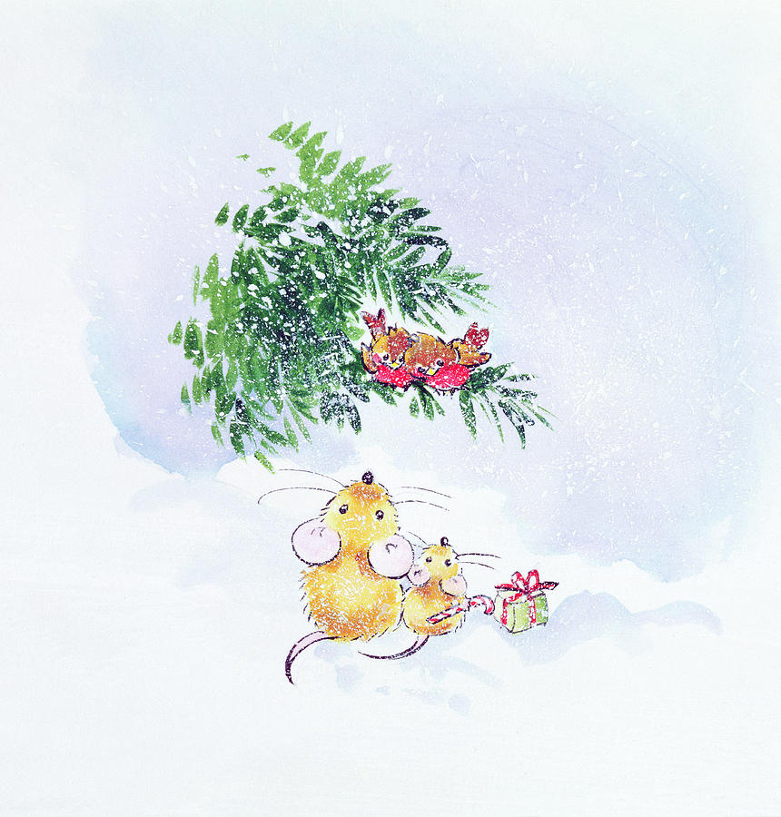 Mouse Painting - Christmas Mice And Robins by Diane Matthes