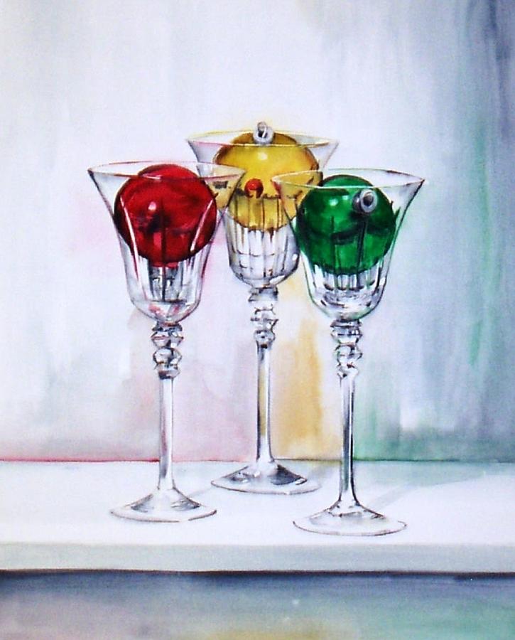 Christmas Ornaments in Wine Glasses Painting by Jane Loveall