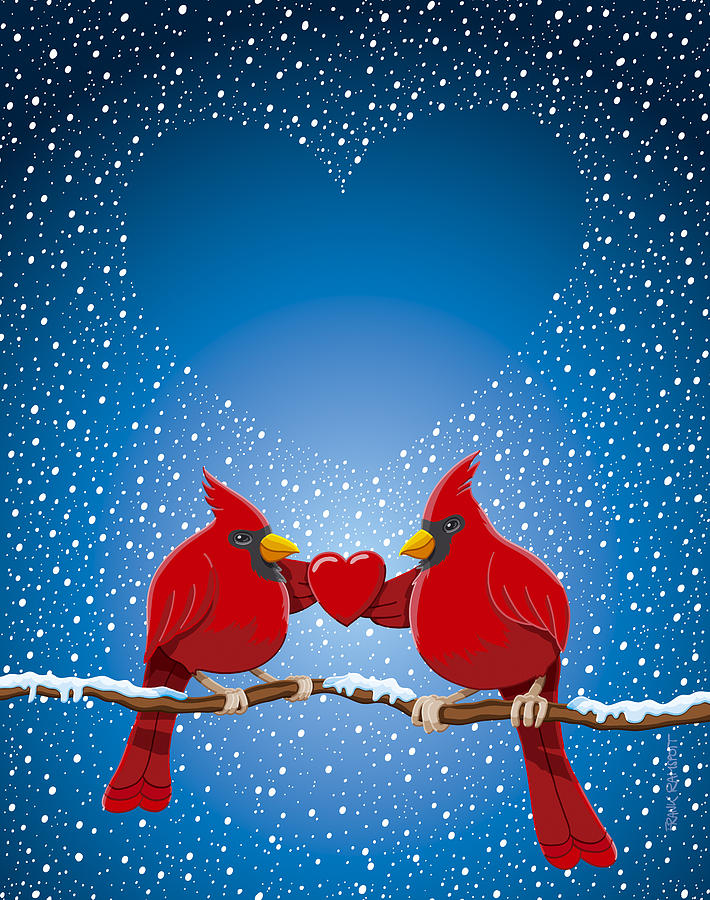 Christmas Digital Art - Christmas Red Cardinal Twig Snowing Heart by Frank Ramspott