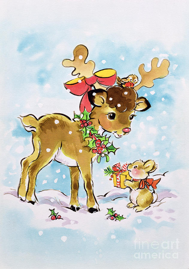 Deer Painting - Christmas Reindeer and Rabbit by Diane Matthes