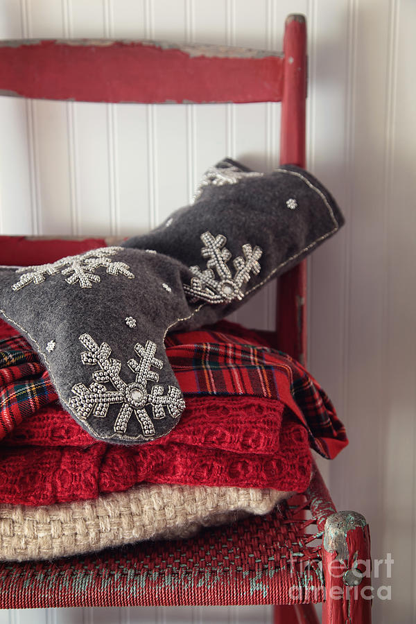 Christmas Photograph - Christmas stocking on old red chair by Sandra Cunningham