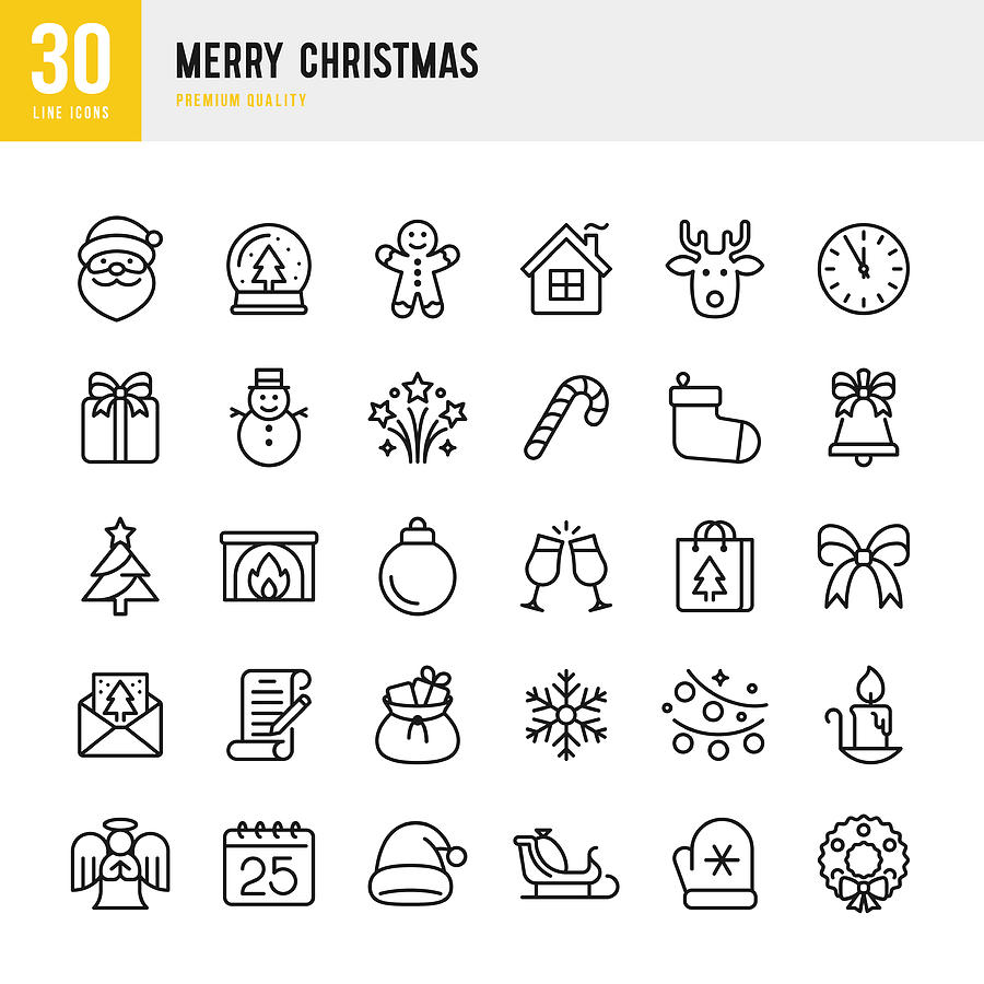 Christmas - thin line vector icon set. Pixel Perfect. Set contains such icons as Santa Claus, Christmas, Gift, Reindeer, Christmas Tree, Snowflake. Drawing by Fonikum