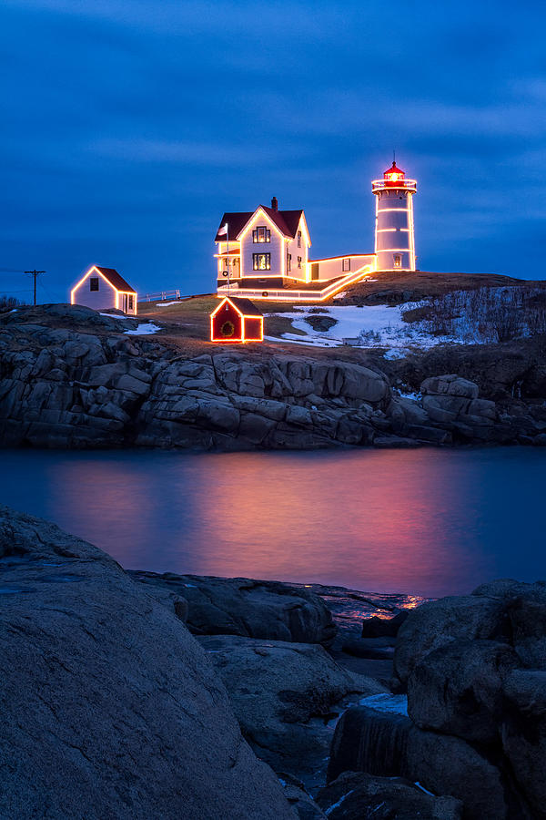 Christmas Time At Nubble Light. Photograph by Jeff Sinon