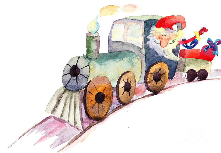Winter Painting - Christmas train with Santa Claus by Regina Jershova