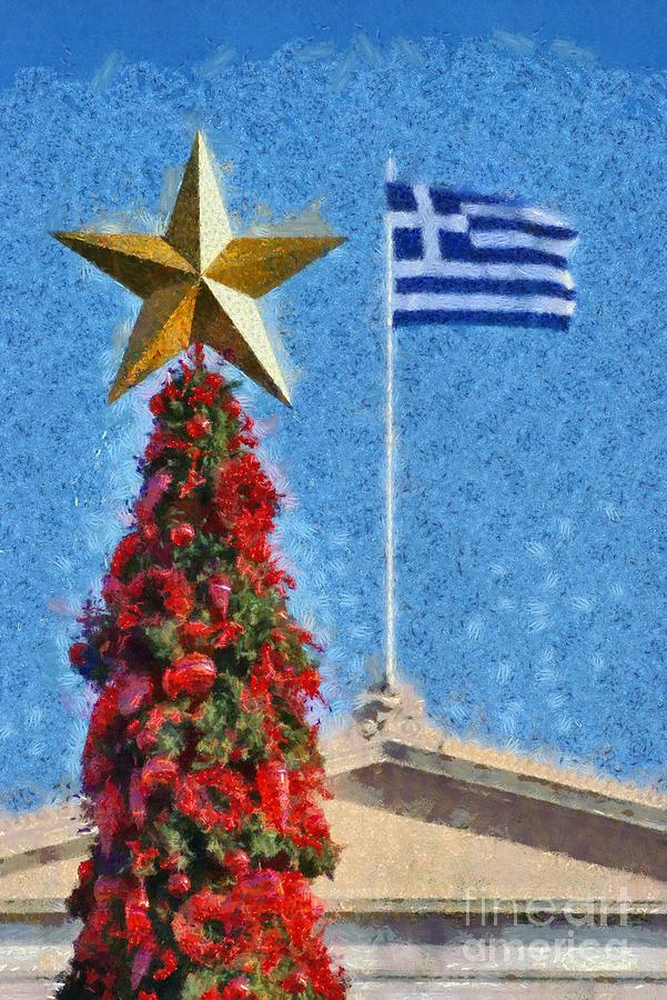 Greek Painting - Christmas tree and Greek flag by George Atsametakis