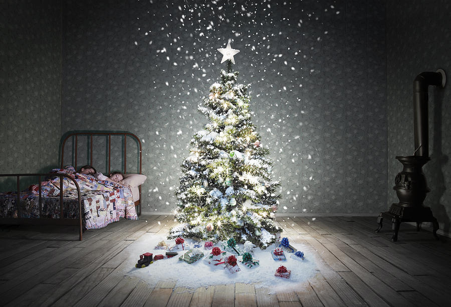 Christmas tree in childs bedroom with snow Photograph by Stephen Swintek