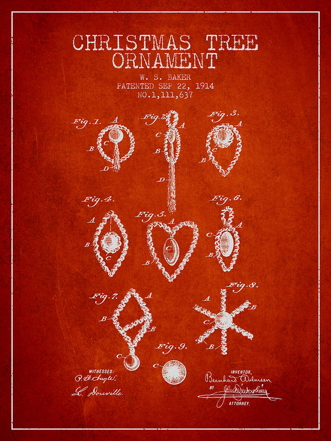 Christmas Digital Art - Christmas Tree Ornament Patent from 1914 - Red by Aged Pixel