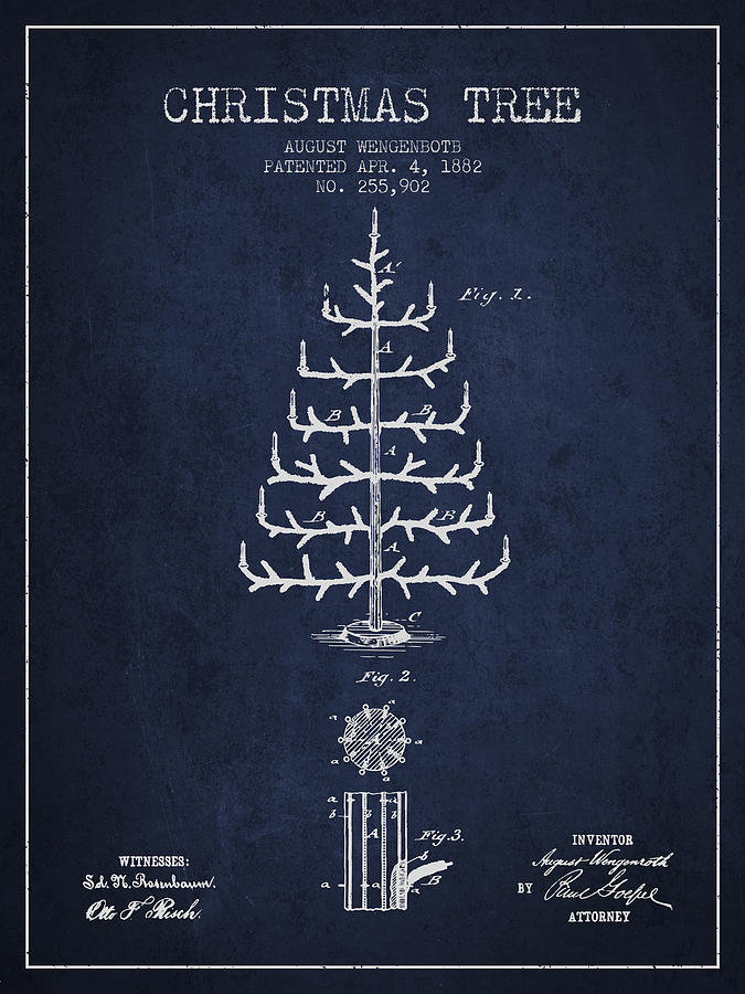 Christmas Digital Art - Christmas Tree Patent from 1882 - Navy Blue by Aged Pixel