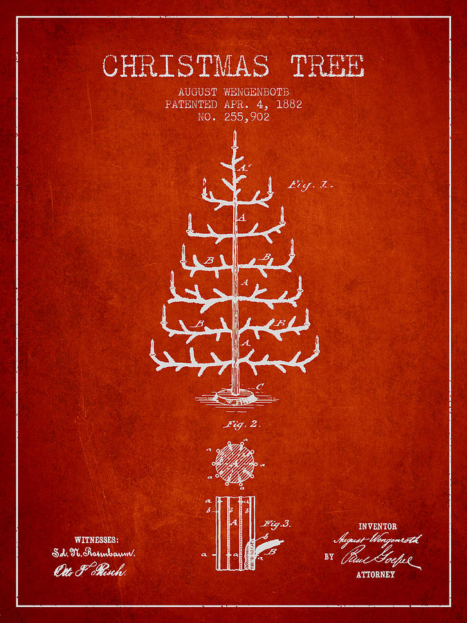 Christmas Digital Art - Christmas Tree Patent from 1882 - Red by Aged Pixel