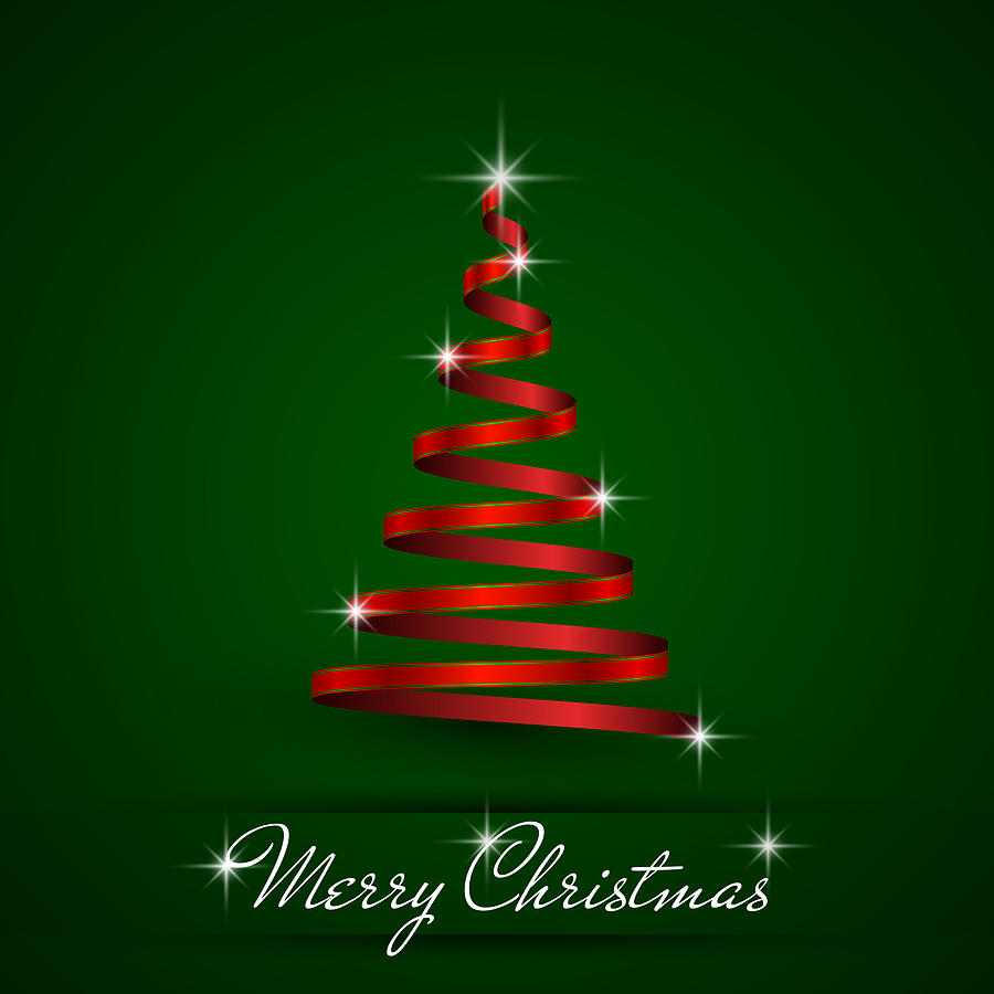 Christmas Tree Simple Red Ribbon On Green Background By Oleh Svetiukha