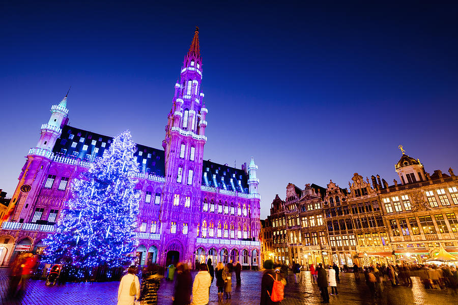 Christmas tree, Town Hall on Grand Place (dusk) Photograph by Jorg Greuel