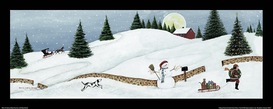 Animal Painting - Christmas Valley Snowman With Black Border by David Carter Brown