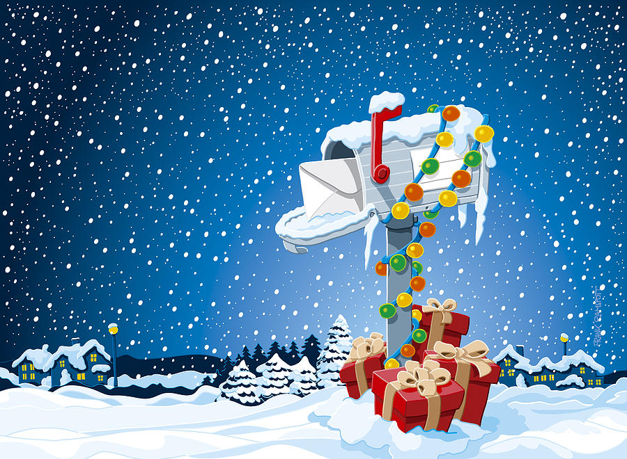 Christmas Winter Landscape Mailbox Gift Boxes Digital Art 