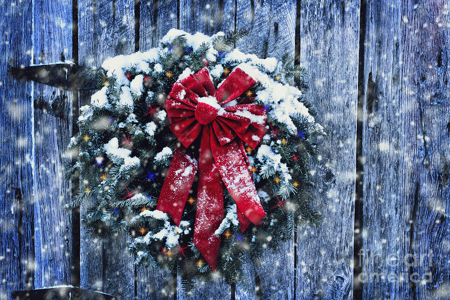 Christmas Wreath in Snow Storm Photograph by Stephanie Frey