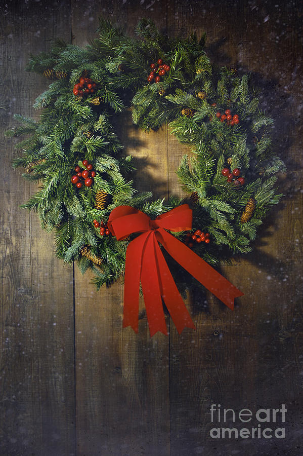 Christmas wreath on the wood background  Photograph by Sandra Cunningham