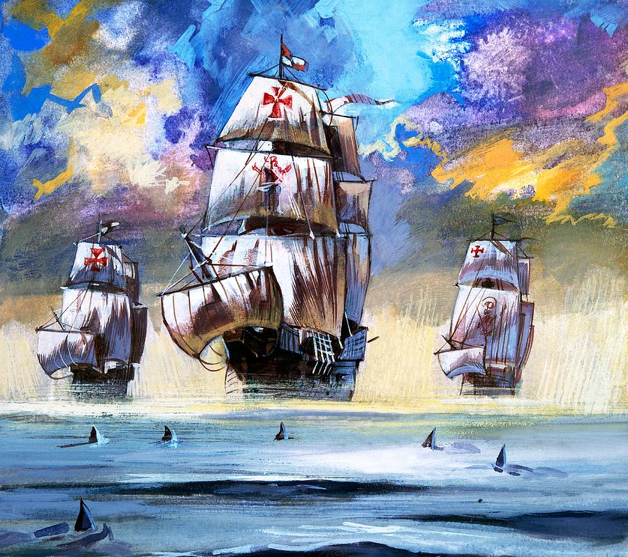 Columbus Painting - Christopher Columbuss fleet  by English School