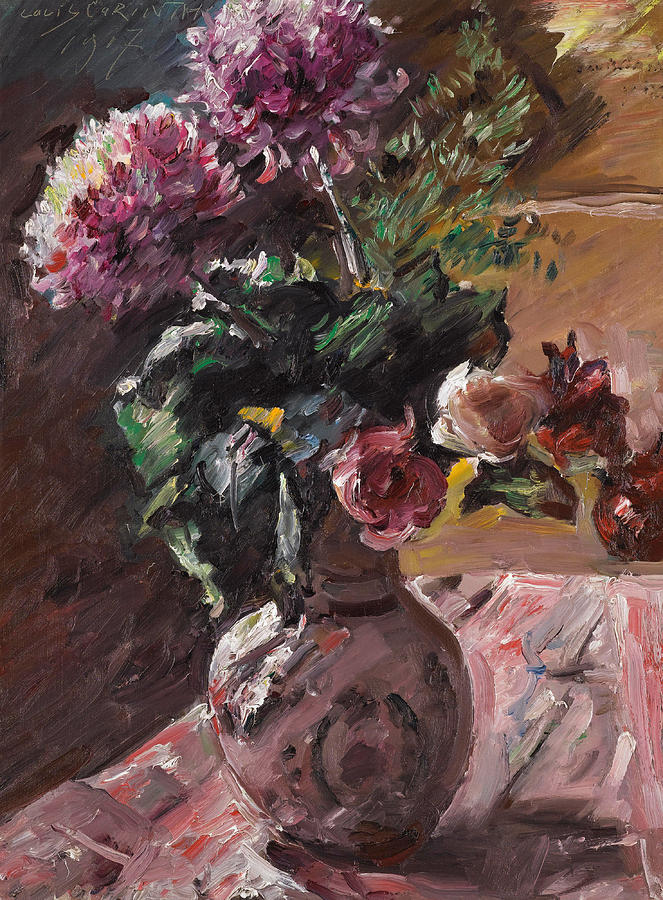 Chrysanthemums and Roses in a Pitcher Painting by Lovis Corinth