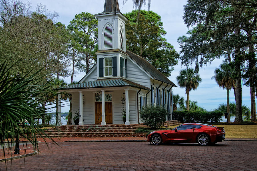 Church and Corvette Photograph by Bill Cubitt