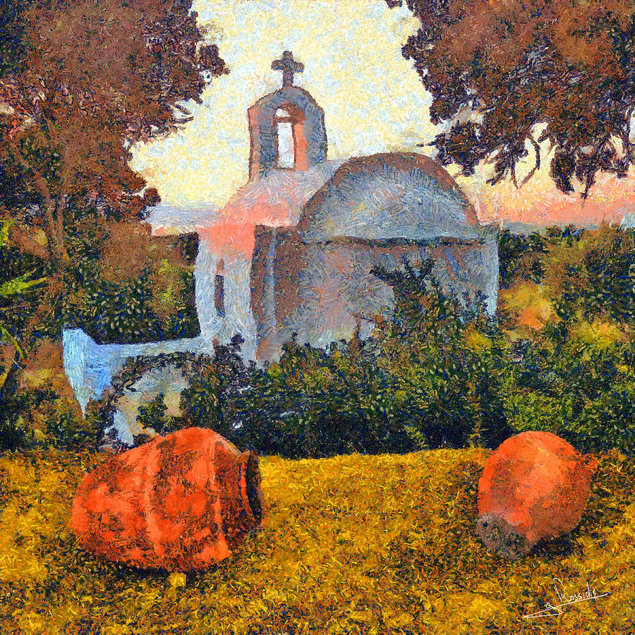 Church and pots Painting by George Rossidis