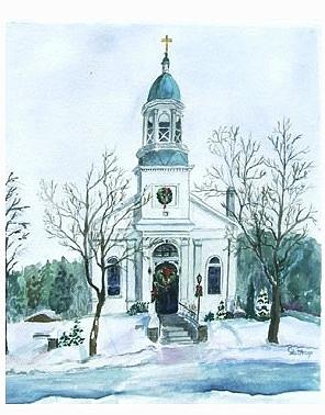 Church at Christmas Painting by Christine Lathrop