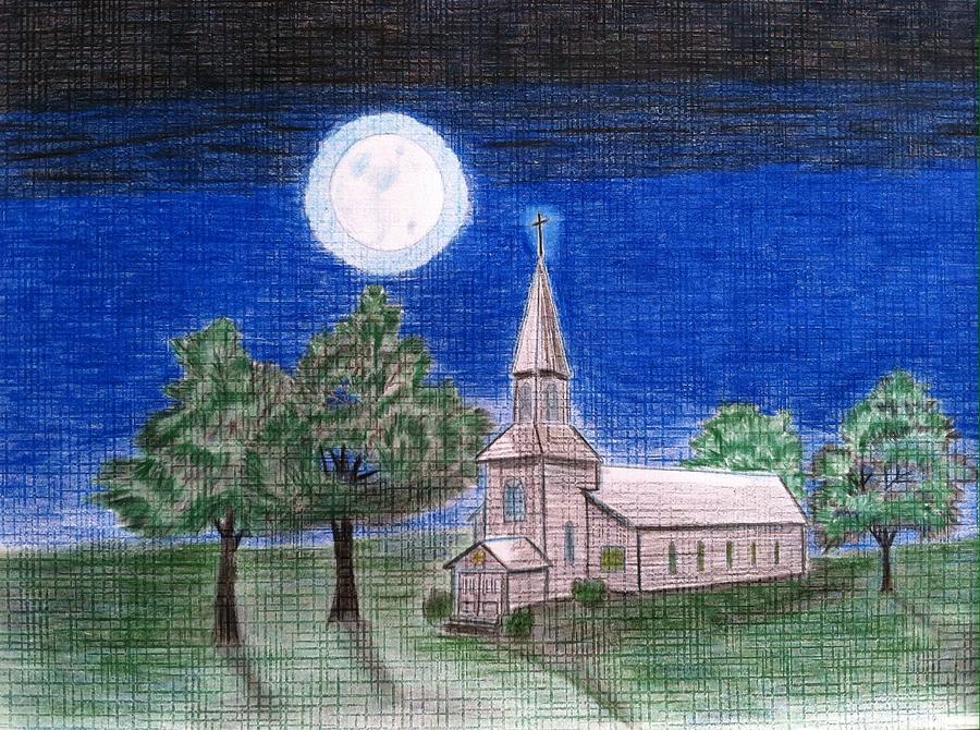 Church by the moon 2 Drawing by Tony Clark