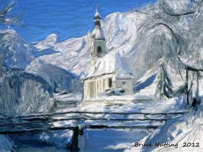 Church in the Mountain Snow Painting by Bruce Nutting