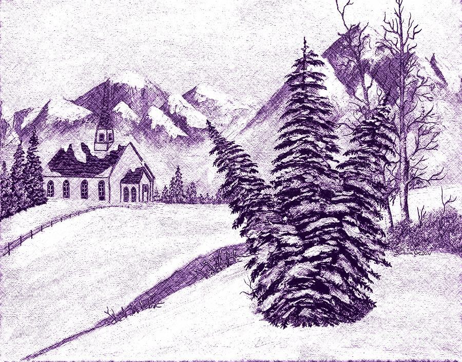 Church in the Mountains Winter Scene Engraving Painting by Barbara A Griffin