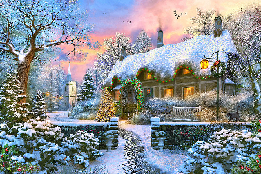 Church Lane Cottage In Winter Painting by MGL Meiklejohn Graphics Licensing