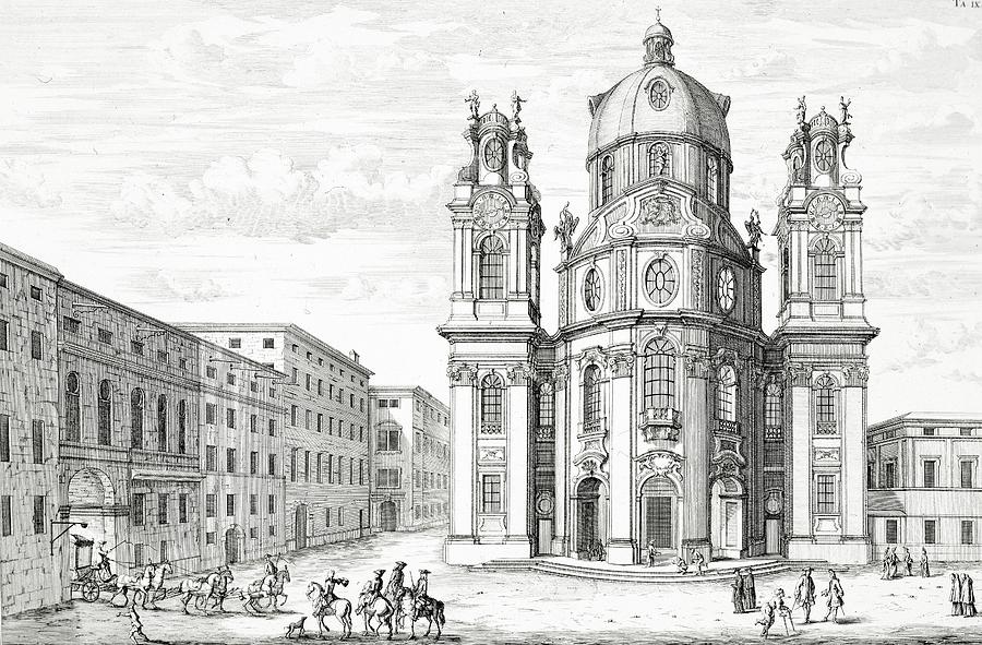 Architecture Drawing - Church Of Notre Dame, Salzburg by Johann Bernhard Fischer von Erlach