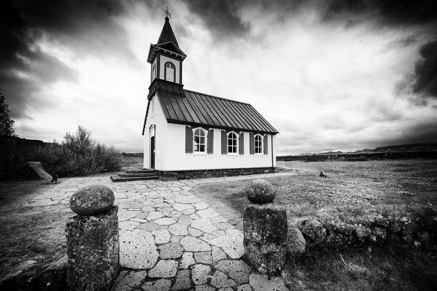 Church Pingvallakirkja Iceland black and white Photograph by Matthias Hauser