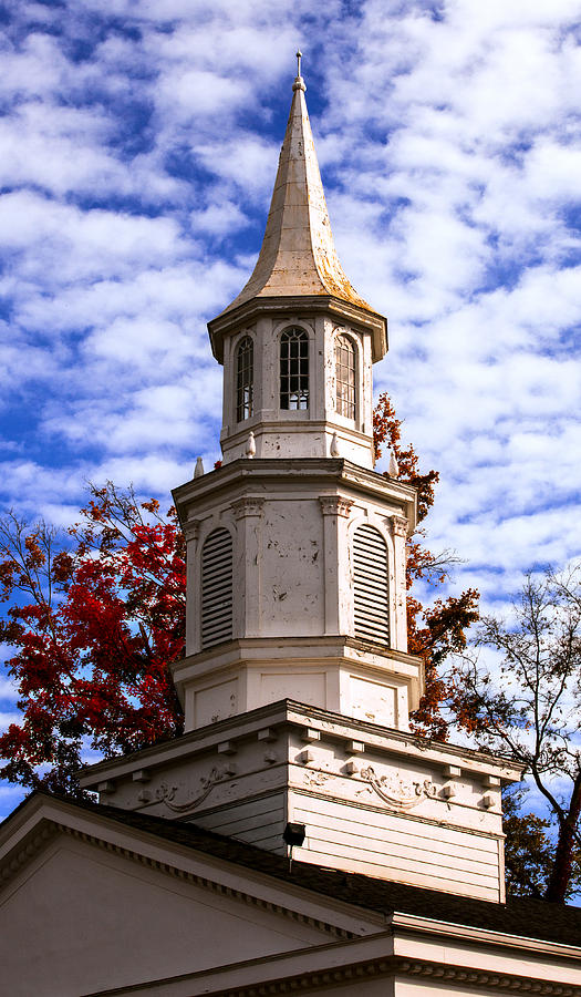 Church Steeple in Autumn Blue Sky Clouds Fine Art Prints as Gift For The Holidays Photograph by Jerry Cowart