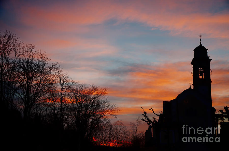 Tree Photograph - Church with orange sky by Mats Silvan