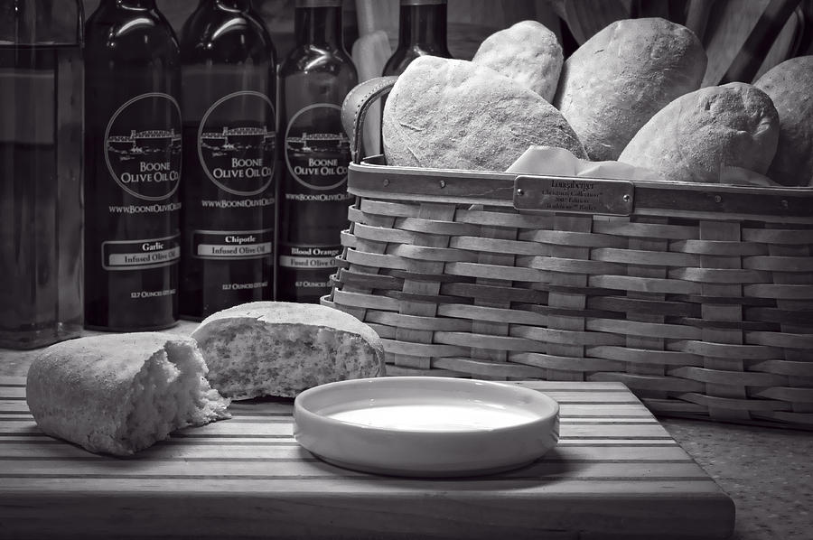 Ciabatta Bread Olive Oil and Basket  BW Photograph by Wayne Meyer