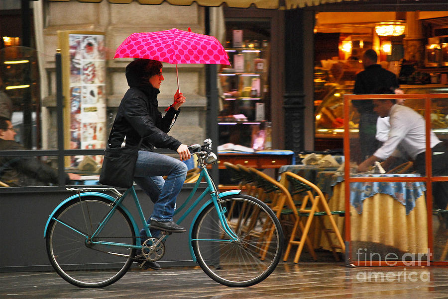 Cyclist with Pink Umbrella in Milan Photograph by Carlos Alkmin