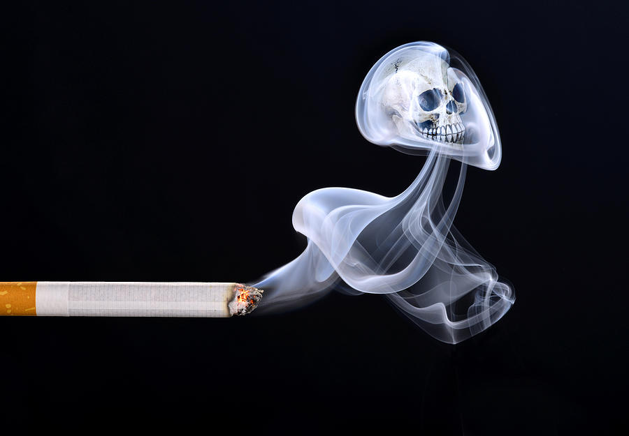 Cigarette with smoke and a skull, smoking kills, symbolic image of death from smoking, Germany Photograph by Michael Weber