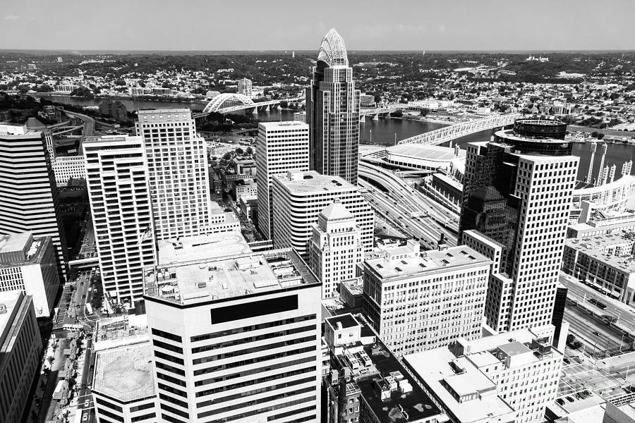 Cincinnati Aerial Skyline Black and White Picture Photograph by Paul Velgos