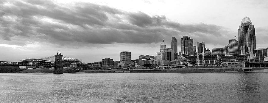 Cincinnati black n white from the water Photograph by Randall Branham
