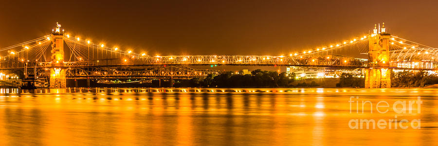 Cincinnati Bridge at Night Panoramic Picture Photograph by Paul Velgos
