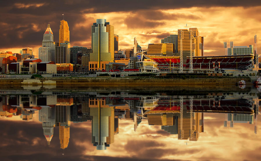 Cincinnati  Queen City gold glow Reflections Photograph by Randall Branham