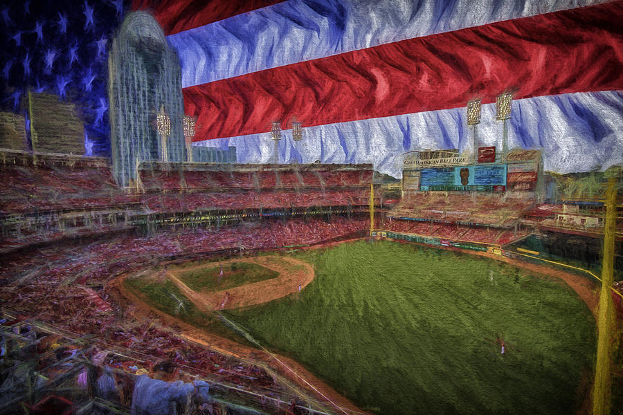 Cincinnati Reds Great American Ballpark Flag Digitally Painted 2 Photograph by David Haskett II