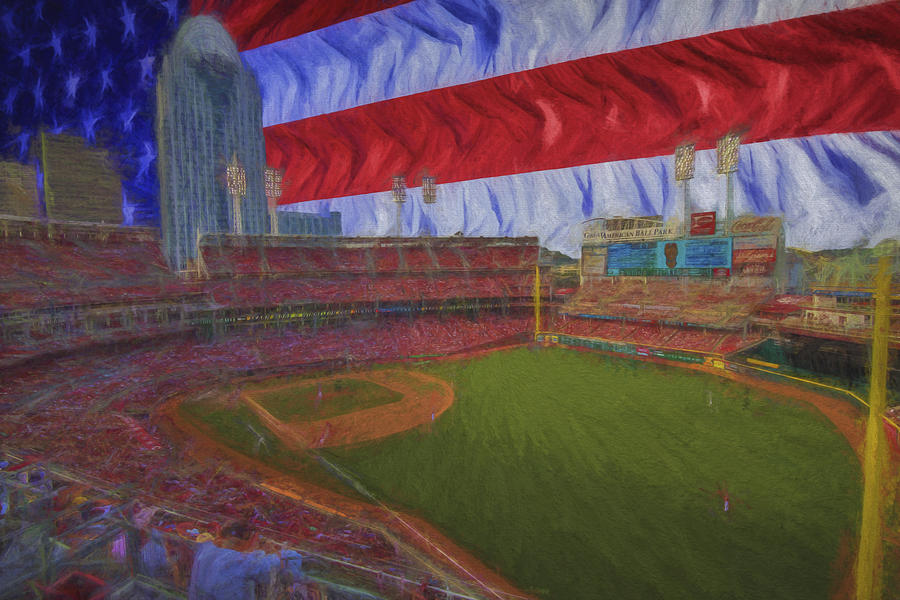 Cincinnati Reds Photograph - Cincinnati Reds Great American Ballpark Flag Painted Digitally by David Haskett II