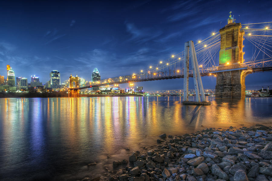 Cincinnati Skyline And Bridge At Night Photograph