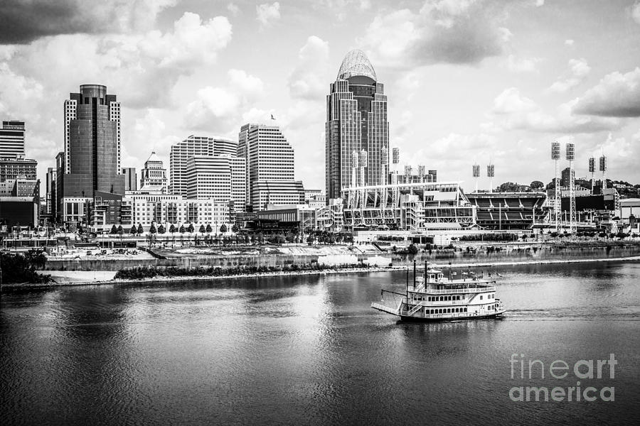 Cincinnati Skyline and Riverboat Black and White Picture Photograph by Paul Velgos