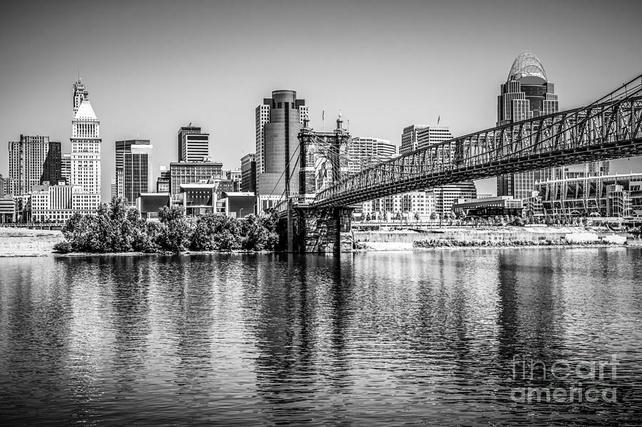 Cincinnati Skyline and Roebling Bridge Black and White Picture Photograph by Paul Velgos