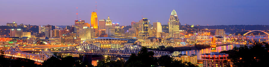 Cincinnati Skyline Photograph - Cincinnati Skyline at Dusk Sunset Color Panorama Ohio by Jon Holiday
