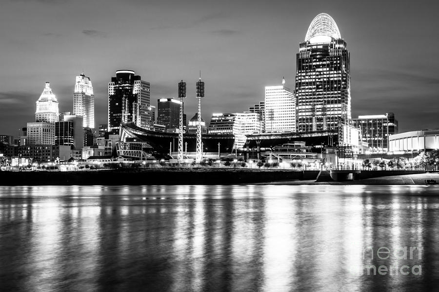 Cincinnati Skyline At Night Black And White Picture Photograph