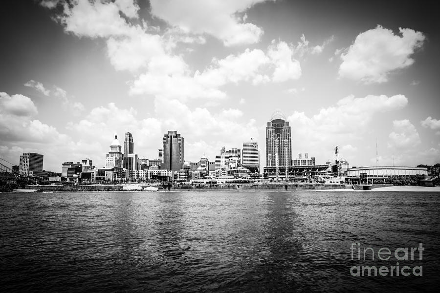 Cincinnati Skyline Riverfront Black and White Picture Photograph by Paul Velgos