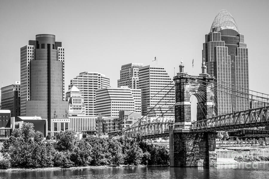 Cincinnati with Roebling Bridge Black and White Picture Photograph by Paul Velgos